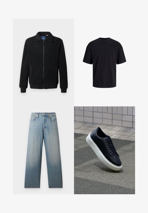 Musternahk fleece-jakk musternahaga, tõmblukk, seisev kaelus, soonikkoes varrukad ja küljetaskud tekstuurse pinnaga.; Must must on mustre, lühikeste varrukatega ja vabalt langev. Sile tekstuur ja ilma nähtavate mustrite või aktsentideta.; Heledad sinise värvi laiad teksapüksid, valmistatud denimist. Omavad kõrget vöökohta, klassikalist viit taskut ja kerget fade'e, et luua kulunud efekt.; Mustast nahast tennisetoss, millel on ümar nina ja valge kummist tall. Omab siredaid paelu ja minimaalset õmblemist ülemises osas. Tekstuuriga tald, mis tagab haakuvuse.