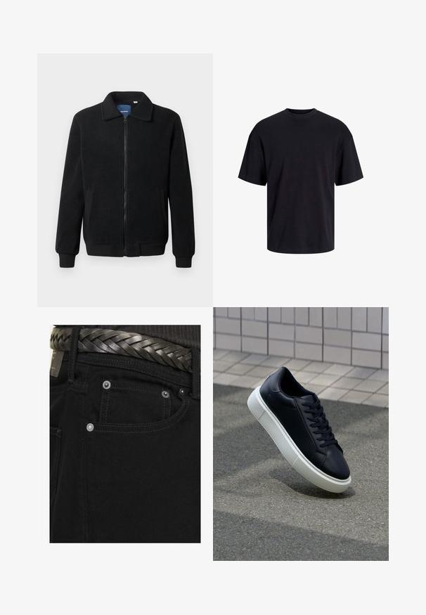 Čierna flísová bunda s uzáverom na zips, stojatým golierom, rebrovanými manžetami a bočnými vreckami s textúrovaným povrchom.; Čierne bavlnené tričko s okrúhlym výstrihom, krátkymi rukávmi a uvoľneným strihom. Hladká textúra bez viditeľných vzorov alebo akcentov.; Jack & Jones JJIALEX JJORIGINAL - Džínsy baggy - black; Čierne kožené tenisky s okrúhlou špičkou a bielou gumovou podrážkou. Majú ploché šnúrky a minimálne šitie na vrchu. Textúrovaná podrážka pre lepšiu priľnavosť.