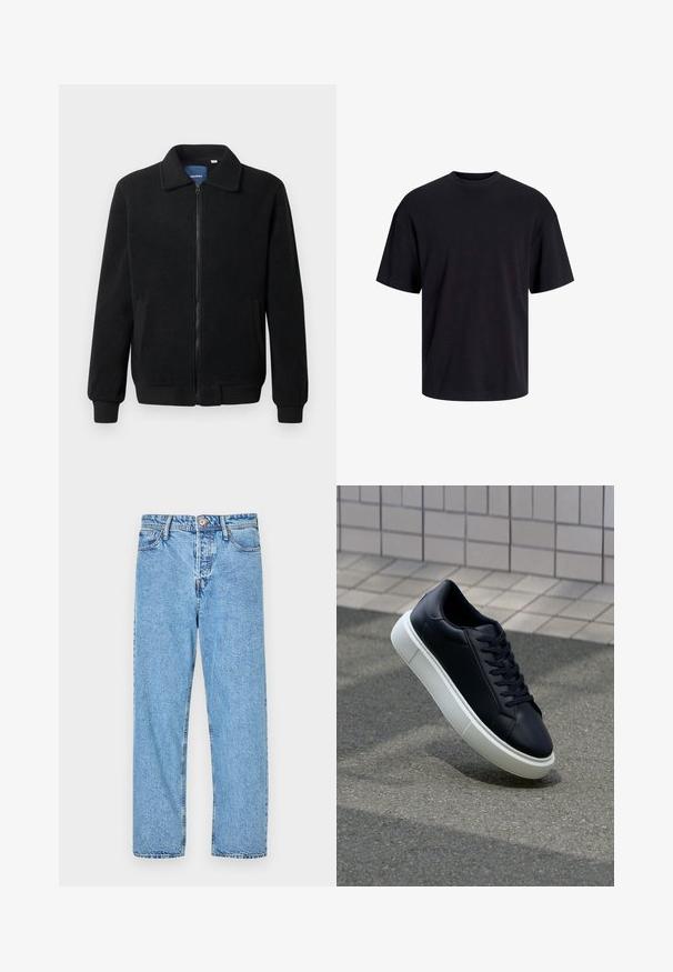 Black fleece jacket featuring a zip closure, stand collar, ribbed cuffs, and side pockets with a textured surface.; Black cotton t-shirt with a crew neckline, short sleeves, and a relaxed fit. Smooth texture and no visible patterns or accents.; Light blue denim jeans featuring a straight leg design, five-pocket style, visible stitching, and a button and zipper fly closure.; Black leather sneaker with rounded toe and white rubber sole. Features flat laces and minimal stitching on the upper. Textured sole for grip.