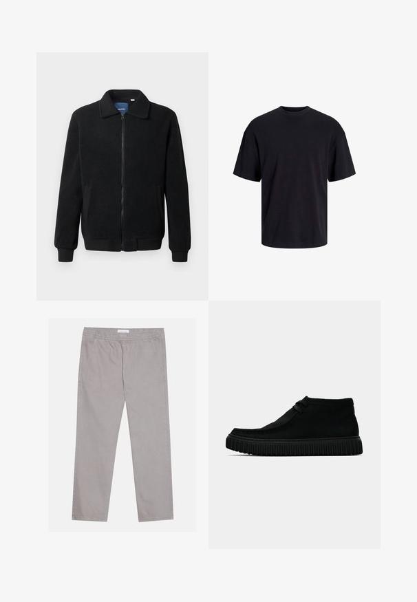 Black fleece jacket featuring a zip closure, stand collar, ribbed cuffs, and side pockets with a textured surface.; Black cotton t-shirt with a crew neckline, short sleeves, and a relaxed fit. Smooth texture and no visible patterns or accents.; Light gray cotton pants with an elastic waistband, two side pockets, straight leg design, and a smooth texture. Simple stitching detail.; Black ankle boots made of soft material, with a rounded toe, minimal lacing, and a textured rubber sole featuring vertical grooves.