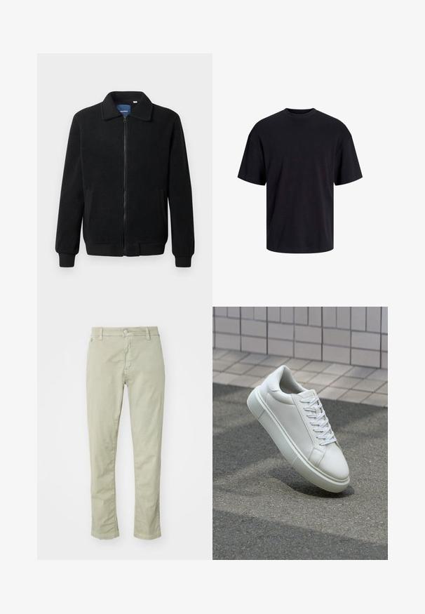 Sort fleecejakke med lynlås, opretstående krave, ribbede manchetter og sidelommer med en tekstureret overflade.; Sort bomulds t-shirt med rund hals, korte ærmer og en afslappet pasform. Glat tekstur uden synlige mønstre eller accenter.; Lys grønne bomuldsbukser med slim fit, der har knaplukning, fem-lomme design og subtile syningsdetaljer.; Hvide lædersneakers med en glat overflade, rund tå og flade hvide snørebånd. Har en tekstureret gummisål og minimalt design.