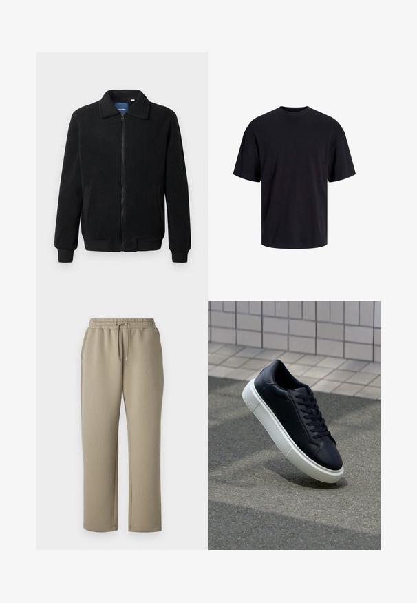 Črna flis jakna z zadrgo, stoječim ovratnikom, rebrastimi zapestji in stranskimi žepi s teksturirano površino.; Črna bombažna majica s krojačkom izrezom, kratkimi rokavi in sproščenim krojem. Gladka tekstura in brez vidnih vzorcev ali poudarkov.; Jack & Jones JPSTBILL JJKINETIC - Spodnji deli trenirk - silver sage; Črne usnjene superge z zaobljenim prstom in belim gumijastim podplat. Imajo ravne vezalke in minimalno šivanje na zgornjem delu. Teksturirani podplat za oprijem.