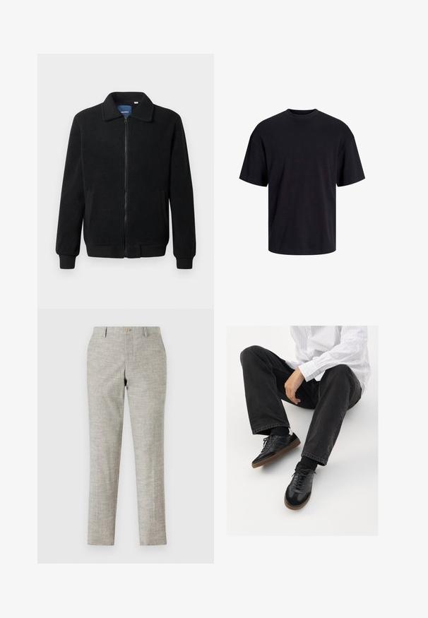 Črna flis jakna z zadrgo, stoječim ovratnikom, rebrastimi zapestji in stranskimi žepi s teksturirano površino.; Črna bombažna majica s krojačkom izrezom, kratkimi rokavi in sproščenim krojem. Gladka tekstura in brez vidnih vzorcev ali poudarkov.; Svetlo sivi hlače z teksturirano tkanino, z ravnim sprednjim delom, zadrgo in enim gumbom za zapiranje. Prilagojen slim fit z ravnimi nogavicami.; Črne superge z gladkim in strukturiranim zgornjim delom, ki vključuje gumijast podplat in temne vezalke. Uvrščene so z štručasto črnimi kavbojkami in belo črtasto majico.