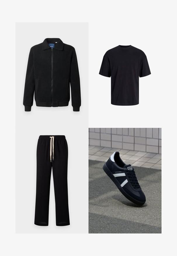 Zwarte fleece jas met een ritssluiting, staande kraag, ribgebreide manchetten en zijzakken met een textuur.; Zwarte katoenen t-shirt met een ronde halslijn, korte mouwen en een relaxte pasvorm. Glad textuur en geen zichtbare patronen of accenten.; Zwarte broek met een elastische tailleband en een contrasterend crèmekleurig trekkoord. Recht model met een zachte textuur.; Zwarte leren sneaker met witte strepen, een gestructureerde rubberen zool en vetersluiting aan de voorkant. Voorzien van een merklabel op de tong.