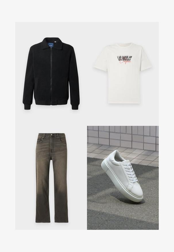 Črna flis jakna z zadrgo, stoječim ovratnikom, rebrastimi zapestji in stranskimi žepi s teksturirano površino.; Bela bombažna majica s kratkimi rokavi in krožnim izrezom. Ima grafiko "Los Angeles California" v črni in rdeči barvi. Preprost, sproščen kroj.; Temno sivi jeans s pravo nogavico, ki vključujejo klasičen kroj s petimi žepi, subtilno zbledelost in kovinske dodatke.; Bela usnjena teniska obutev z gladko površino, okroglo konico in ravnimi belimi vezalkami. Ima teksturiran gumijast podplat in minimalne oblikovalske elemente.