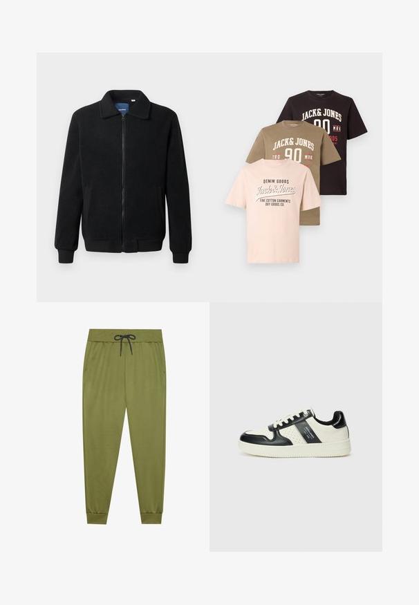 Casaco de polar preto com fecho de correr, gola alta, punhos canelados e bolsos laterais com uma superfície texturizada.; Três t-shirts empilhadas: rosa claro com texto preto, verde oliva com gráficos brancos e vermelhos, castanho escuro com texto branco. Material em cotton.; Calças de moletão verde-oliva com um cós elástico, cordão preto, bolsos laterais e punhos canelados nos tornozelos. Textura suave.; Ténis de couro com um esquema de cores em preto e creme, apresentando detalhes perfurados, um colarinho acolchoado e uma sola texturizada.