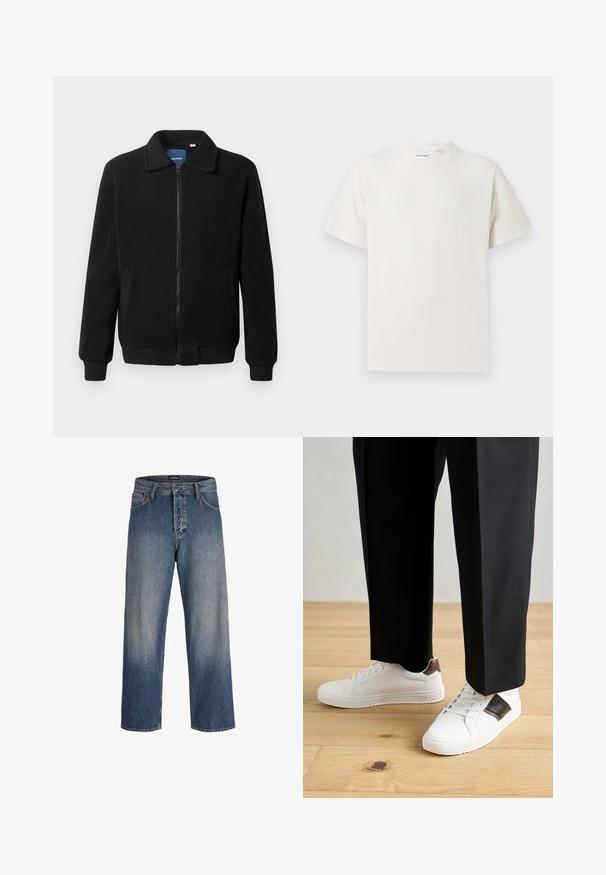 Černá fleecová bunda s zipovým uzávěrem, stojáčkem, vroubkovanými manžetami a bočními kapsami s texturovaným povrchem.; Bílý krátký rukáv tričko s pružnou strukturou. Kulatý výstřih, volný střih, bez viditelných vzorů nebo detailů. Jednoduchý a univerzální design.; Modré džíny s volným střihem, s vybledlým designem, pěti kapsami, poutky na opasek a zapínáním na knoflík a zip.; Bílé tenisky s hladkým povrchem, s hnědými koženými akcenty a černými detaily, kombinované s černými kalhotami na míru. Pozadí tvoří dřevěná podlaha.