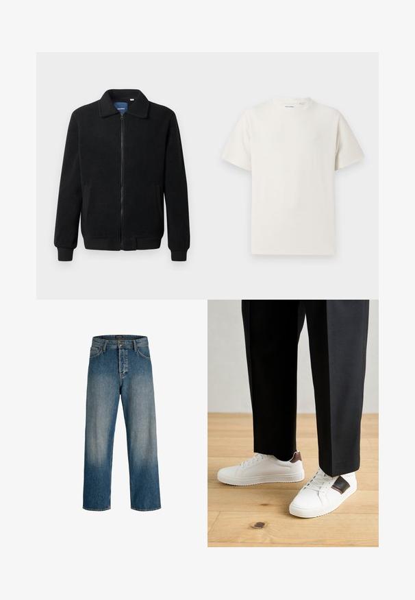 Čierna flísová bunda s uzáverom na zips, stojatým golierom, rebrovanými manžetami a bočnými vreckami s textúrovaným povrchom.; Biela krátka tričko s krátkym rukávom so žebrovanou textúrou. Okrúhly výstrih, uvoľnený strih, žiadne viditeľné vzory ani akcenty. Jednoduchý a všestranný dizajn.; Modré džínsy z denimu s uvoľneným strihom, rovnými nohavicami, jemným svetlým vyblednutím a ozdobnou páskou s logom.; Biele tenisky s hladkým povrchom, s hnedými koženými akcentmi a čiernymi detailmi, spárované s čiernymi elegantnými nohavicami. Pozadím je drevená podlaha.