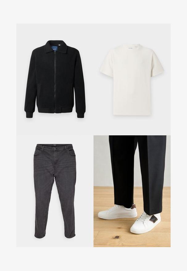 Čierna flísová bunda s uzáverom na zips, stojatým golierom, rebrovanými manžetami a bočnými vreckami s textúrovaným povrchom.; Biela krátka tričko s krátkym rukávom so žebrovanou textúrou. Okrúhly výstrih, uvoľnený strih, žiadne viditeľné vzory ani akcenty. Jednoduchý a všestranný dizajn.; Čierne džíny z denimu so strihom s rovnými nohavicami, s gombíkovým zapínaním, bočnými vreckami a jemným vyblednutím, poskytujúce klasický vzhľad.; Biele tenisky s hladkým povrchom, s hnedými koženými akcentmi a čiernymi detailmi, spárované s čiernymi elegantnými nohavicami. Pozadím je drevená podlaha.