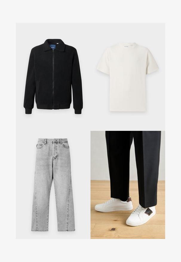 Musternahk fleece-jakk musternahaga, tõmblukk, seisev kaelus, soonikkoes varrukad ja küljetaskud tekstuurse pinnaga.; Valge lühikeste varrukatega T-särk ribakudumises. Ümar kaelus, mugav lõige, nähtavad mustrid ega aksessuaarid puuduvad. Lihtne ja mitmekesine disain.; Hallideg denim laiad püksid kõrge vöökohaga, klassikalise viie tasku disainiga ja nähtavate õmbluse detailidega.; Valged sneakersid siledat tekstuurist, millel on pruunad nahast detailid ja mustad aksessuaarid, millele on sobitatud mustad kohandatud püksid. Puitpõranda taust.