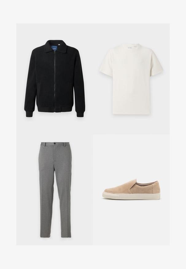 Black fleece jacket featuring a zip closure, stand collar, ribbed cuffs, and side pockets with a textured surface.; White short-sleeve T-shirt in a ribbed texture. Round neckline, relaxed fit, no visible patterns or accents. Simple and versatile design.; Gray tailored trousers featuring a smooth texture, slight pattern, zip and button closure, with front pockets and tapered legs.; Beige slip-on shoe made of suede, featuring a rounded toe, elastic side, and a white rubber sole with textured accents.