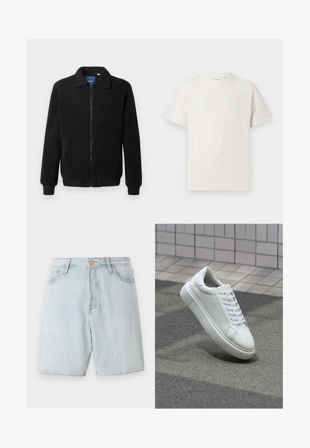 Fekete bolyhos dzseki cipzárral, állógallérral, bordázott mandzsettákkal és oldalzsebekkel, textúrált felülettel.; Fehér, rövid ujjú póló bordázott textúrával. Kerek nyakkivágás, laza szabás, nincs látható minta vagy díszítés. Egyszerű és sokoldalú dizájn.; Világoskék farmer rövidnadrág magas derekú kialakítással, öt zsebes dizájnnal és kontrasztos varrással. Klasszikus gombos és cipzáras záródással rendelkezik.; Fehér bőr sportcipő sima felülettel, kerek orral és lapos fehér fűzőkkel. Texturált gumitalppal és minimális dizájnelemekkel rendelkezik.