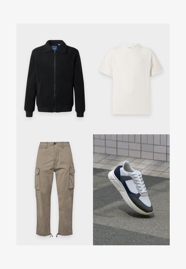 Musternahk fleece-jakk musternahaga, tõmblukk, seisev kaelus, soonikkoes varrukad ja küljetaskud tekstuurse pinnaga.; Valge lühikeste varrukatega T-särk ribakudumises. Ümar kaelus, mugav lõige, nähtavad mustrid ega aksessuaarid puuduvad. Lihtne ja mitmekesine disain.; Karmipesasid tuhmades taupe värvitoonides, valmistatud puuvillast, külgpocketsid, sirge lõikega ning reguleeritavad allääred nööridega.; Valge, mereväe sinine ja hall spordijalats, millel on segatud materjalide disain, tekstureeritud ülemine osa, lame pael ja pehme talla.