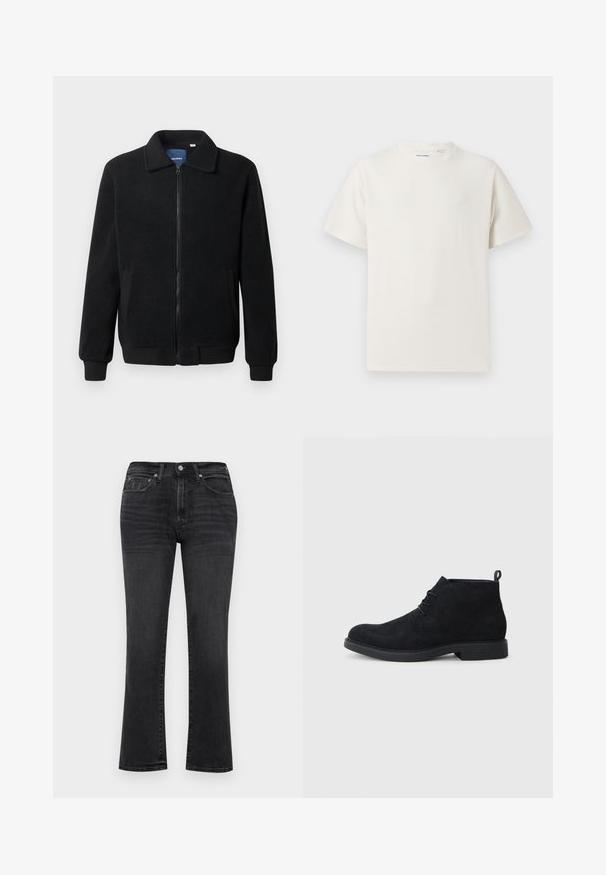 Černá fleecová bunda s zipovým uzávěrem, stojáčkem, vroubkovanými manžetami a bočními kapsami s texturovaným povrchem.; Bílý krátký rukáv tričko s pružnou strukturou. Kulatý výstřih, volný střih, bez viditelných vzorů nebo detailů. Jednoduchý a univerzální design.; Černé denimové džíny s rovnými nohavicemi, zapínání na knoflík, pěti kapsami, jemným vyblednutím a standardním šitím po celé ploše.; Černé semišové kotníkové boty s kulatou špičkou, šněrováním a texturovanou gumovou podrážkou. Na zadní straně mají malou poutko.