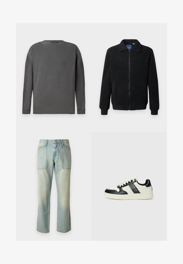 Musta fleece-takki, jossa on vetoketjulla suljettavat, pystykaulus, ribbireunat ja sivutaskut, joissa on teksturoitu pinta.; Harmaa pitkähihainen t-paita puuvillasekoitteesta, pyöreä kaula-aukko, jossa on hillitty logo ja abstrakteja kuvioita hihoissa; pehmeä rakenne.; Vaaleansiniset farkut suoran lahkeensuunnalla, näkyvillä ompeleet ja kaksi suurta etutaskua. Kangas on haalistunut.; Nahkakengät musta-kerma värimaailmassa, joissa on rei'itetyt yksityiskohdat, pehmustettu nilkkaosa ja teksturoitu pohja.