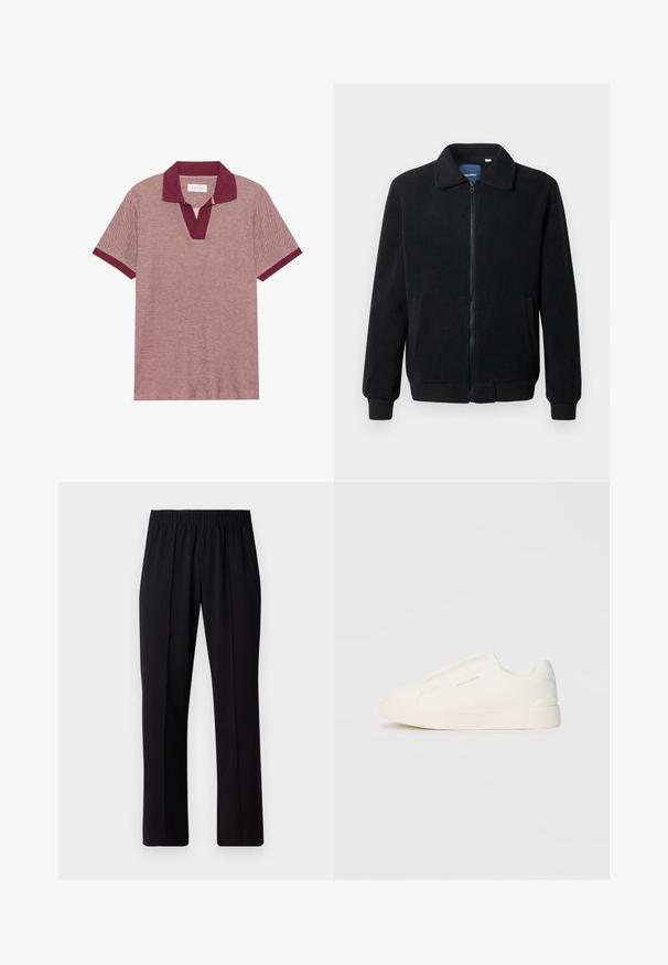 Svart fleece jakke med glidelås, høy krage, ribbestrikkede mansjetter og sidelommer med strukturert overflate.; Kortermet polo-skjorte i burgunder og lys rød tekstur, med dyp v-hals og kontrastfarge i burgunder på kragen og mansjettene.; Svart, elastisk midjebukser med rett ben-design, med en glatt tekstur og uten synlige mønstre eller maskinvare.; Hvite slip-on joggesko med teksturert overflate, tykk såle og minimalistisk design. Har merkevarelogo på siden.