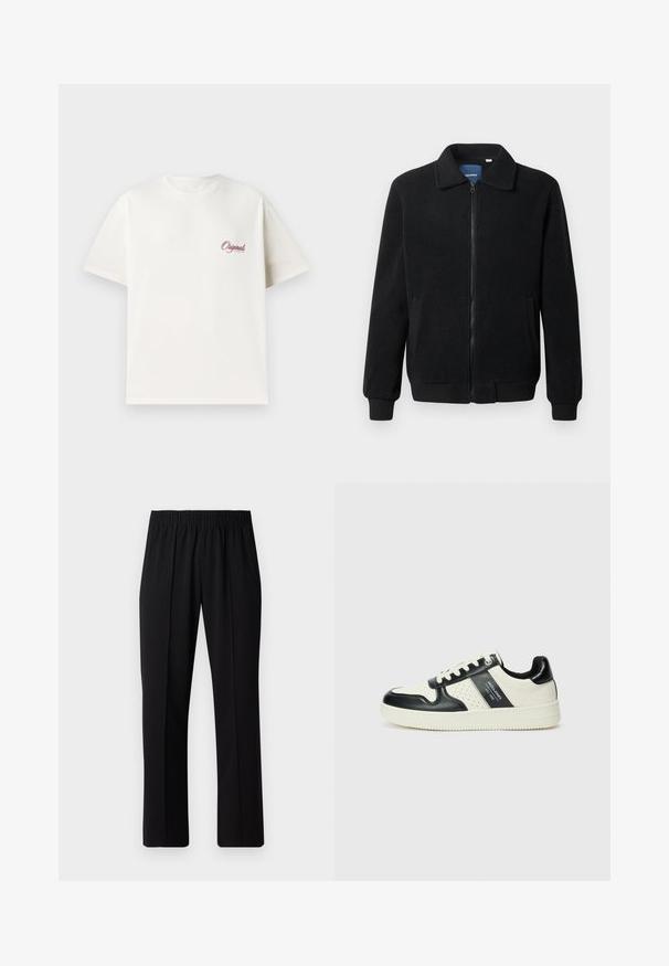 Musta fleece-takki, jossa on vetoketjulla suljettavat, pystykaulus, ribbireunat ja sivutaskut, joissa on teksturoitu pinta.; Valkoinen puuvillapaidat lyhyillä hihoilla, pyöreällä kaula-aukolla ja pienellä punaisella logolla vasemmassa rinnassa. Sileä pinta.; Mustat, joustavat vyötäröhousut suoralla lahkeella, joissa on sileä pinta ilman näkyviä kuvioita tai metalliosia.; Nahkakengät musta-kerma värimaailmassa, joissa on rei'itetyt yksityiskohdat, pehmustettu nilkkaosa ja teksturoitu pohja.