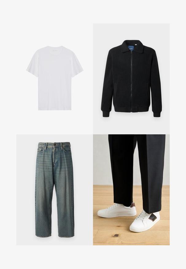 Musta fleece-takki, jossa on vetoketjulla suljettavat, pystykaulus, ribbireunat ja sivutaskut, joissa on teksturoitu pinta.; Valkoinen puuvillainen T-paita, jossa on lyhyet hihat, pyöreä kaula-aukko ja sileä pinta. Kaula-aukossa on minimaalista brändäystä.; Vaaleansiniset farkut, joissa on väljä istuvuus, keskikorkea vyötärö ja suorat lahkeet. Ominaisuuksiin kuuluvat viisi taskua, vyölenkit ja nappisulku.; Valkoiset tennarit, joissa on sileä pinta, ruskealla nahka-akentilla ja mustilla yksityiskohdilla, yhdistetty mustiin räätälöityihin housuihin. Taustalla puulattia.