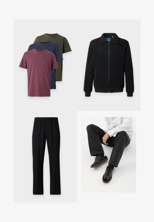 Fekete bolyhos dzseki cipzárral, állógallérral, bordázott mandzsettákkal és oldalzsebekkel, textúrált felülettel.; Három pamut póló kiállítva: bordó, tengerészkék és olívazöld. Kerek nyakú kialakítás, rövid ujjak és puha, textúrált felület.; Fekete, gumíros derekú nadrág egyenes szabással, sima felülettel, látható minták vagy fémrészek nélkül.; Fekete tornacipők sima és texturált felsőrészel, gumitalppal és sötét cipőfűzőkkel. Fekete farmernadrággal és fehér csíkos inggel párosítva.
