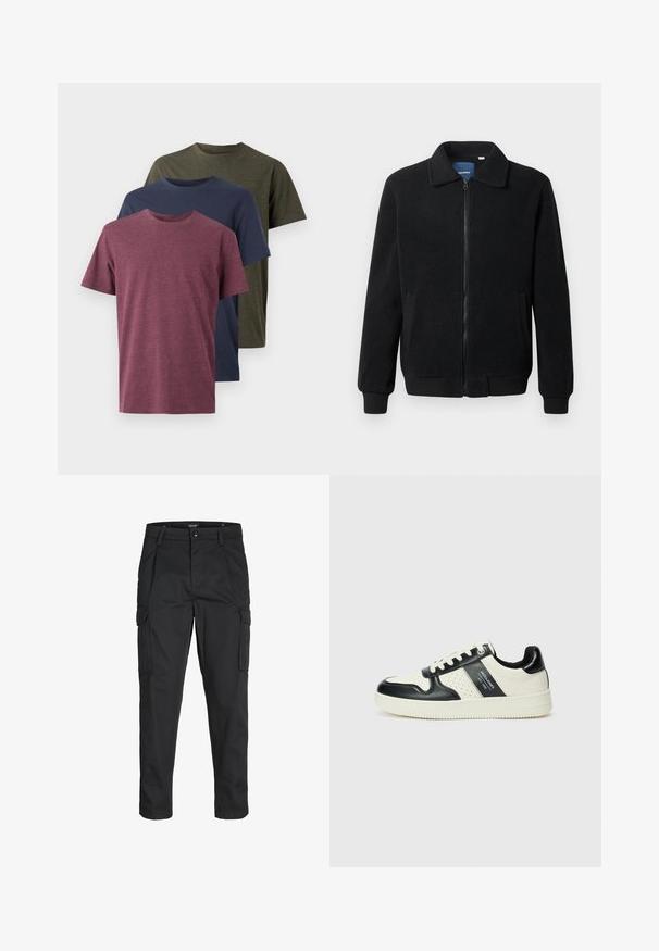 Schwarze Fleecejacke mit Reißverschluss, Stehkragen, gerippten Bündchen und seitlichen Taschen mit strukturiertem Oberflächenmaterial.; Drei angezeigte Baumwoll-T-Shirts: kastanienbraun, marineblau und olivgrün. Rundhalsdesign, kurze Ärmel und eine weiche, strukturierte Oberfläche.; Schwarze Cargo-Hose aus robustem Material, mit mehreren Taschen, einem Knopfverschluss und einem Slim-Fit-Design mit schmal zulaufenden Beinen.; Leder-Sneaker in Schwarz- und Cremetönen, mit perforierten Akzenten, einem gepolsterten Kragen und einer strukturierten Laufsohle.