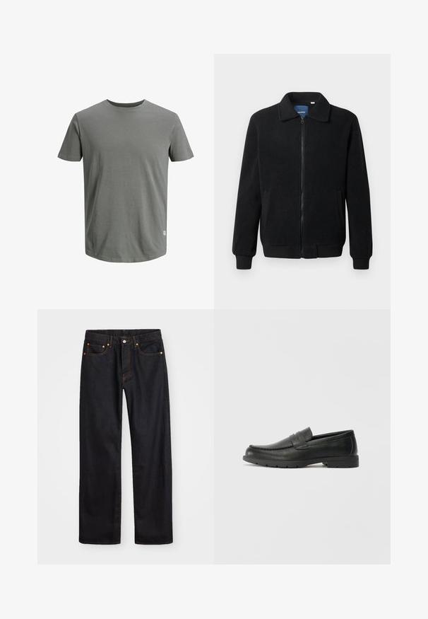 Black fleece jacket featuring a zip closure, stand collar, ribbed cuffs, and side pockets with a textured surface.; Jack & Jones JJENOA TEE CREW NECK - Basic T-shirt - sedona sage; Men’s straight-leg black denim jeans with five pockets and orange stitching, button and zip closure on front waistband.; Black leather loafers with a smooth finish, moccasin-style upper, stitched detailing, and a rubber sole. Classic design with a low heel.