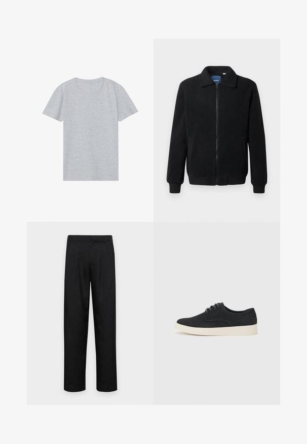 Sort fleecejakke med lynlås, opretstående krave, ribbede manchetter og sidelommer med en tekstureret overflade.; Grå kortærmet t-shirt lavet af blødt bomuldsblandingsmateriale, med en klassisk rund halsudskæring og en glat, let tekstur.; Sorte bukser lavet af glat stof, med et lige ben-design, to frontfolder og en standard talje med bæltestropper.; Sort ruskind snørebåndssko med rund tå, let cremefarvet sål og diskrete blå sy-accents på overdelen.