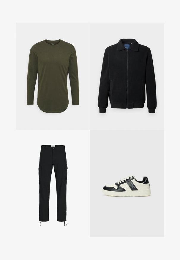 Svart fleece jakke med glidelås, høy krage, ribbestrikkede mansjetter og sidelommer med strukturert overflate.; Olivengrønn langermet t-skjorte laget av glatt bomull. Rund hals, buet hem og tettsittende ermer uten ytterligere mønstre eller accenter.; Svarte cargo-bukser med rett snitt, med sidelommer, knappelukking og elastiske snorer ved anklene. Laget av slitesterkt stoff.; Lædersneakers med sort og creme farveskema, der har perforerede detaljer, en polstret krave og en struktureret ydersål.
