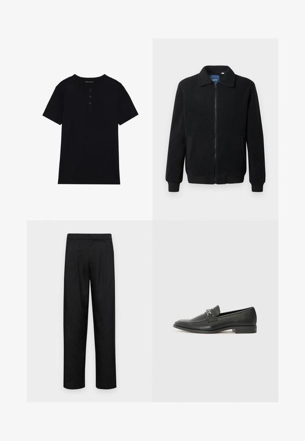 Melnā vilnas jaka ar rāvējslēdzēju, stāvošu apkakli, ribotām piedurknēm un sānu kabatām ar teksturētu virsmu.; Melna kokvilnas T-krekls īsām piedurknēm ar apaļu kakla izgriezumu un trīs pogu aizdari. Gluda tekstūra ar regulāru piegriezumu.; Melnas bikses, izgatavotas no gludas auduma, ar taisnu kāju dizainu, divām priekšējām krokām un standarta jostu, kurai ir āķi.; Melna ādas loafer izmēra apavi ar gludu virsmu, piedāvā ar šūtu dizainu un dekoratīvu metāla ķēdes akcentu pār vampu. Plakana papēža daļa.