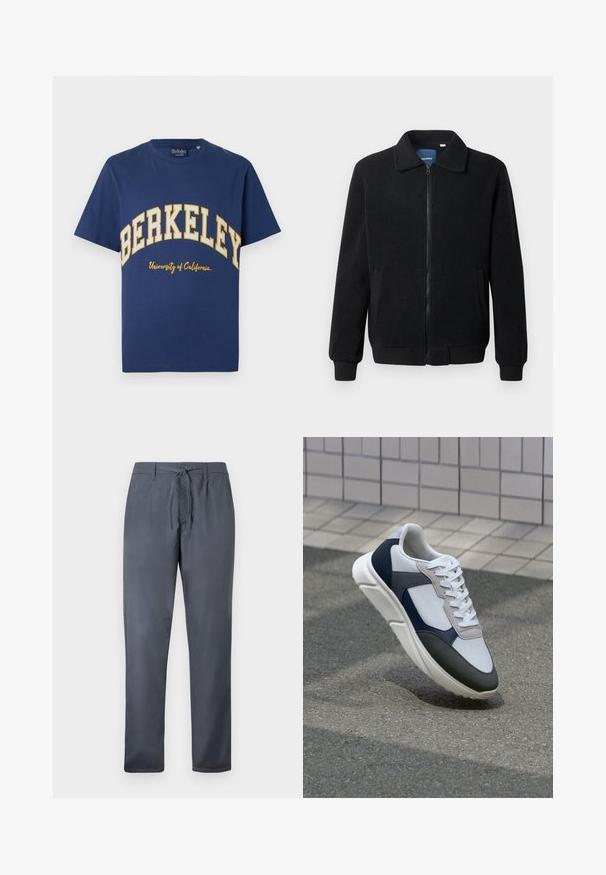 Svart fleece jakke med glidelås, høy krage, ribbestrikkede mansjetter og sidelommer med strukturert overflate.; Mørkeblå bomulls T-skjorte med "BERKELEY" i fet gul skrift og "University of California" i mindre skrifttype under.; Grå bukser laget av glatt stoff, med snøring i livet og sidelommer. Rett ben-design med en ren finish.; Hvitt, marineblått og grått sportsko med en blandet materialdesign, som har en teksturert overdel, flate snørebånd og en polstret såle.