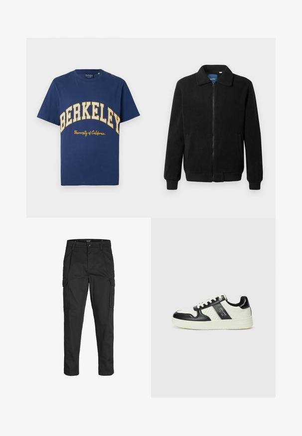 Black fleece jacket featuring a zip closure, stand collar, ribbed cuffs, and side pockets with a textured surface.; Navy blue cotton t-shirt featuring "BERKELEY" in bold yellow lettering and "University of California" in a smaller script below.; Black cargo pants made of sturdy fabric, featuring multiple pockets, a button closure, and a slim fit design with tapered legs.; Leather sneakers with a black and cream color scheme, featuring perforated accents, a padded collar, and a textured outsole.
