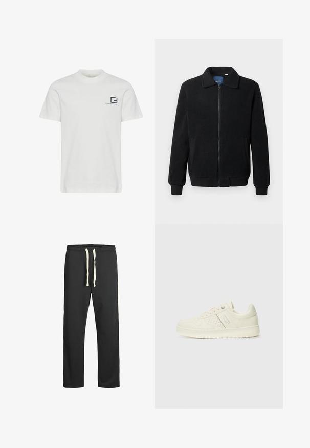 Svart fleecjacka med dragkedja, ståkrage, ribbade muddar och sidofickor med texturerad yta.; Vit bomullströja med rund hals och korta ärmar. Har en marinblå grafisk logotyp och text på vänster bröst.; Svarta sweatpants i mjukt tyg, med dragsko i midjan och vita sidostrikar längs yttre sömmarna. Slät textur över allt.; Krämfärgad sneaker med perforerade detaljer, snören och logotyp på sidan, visad mot en enkel vit bakgrund.