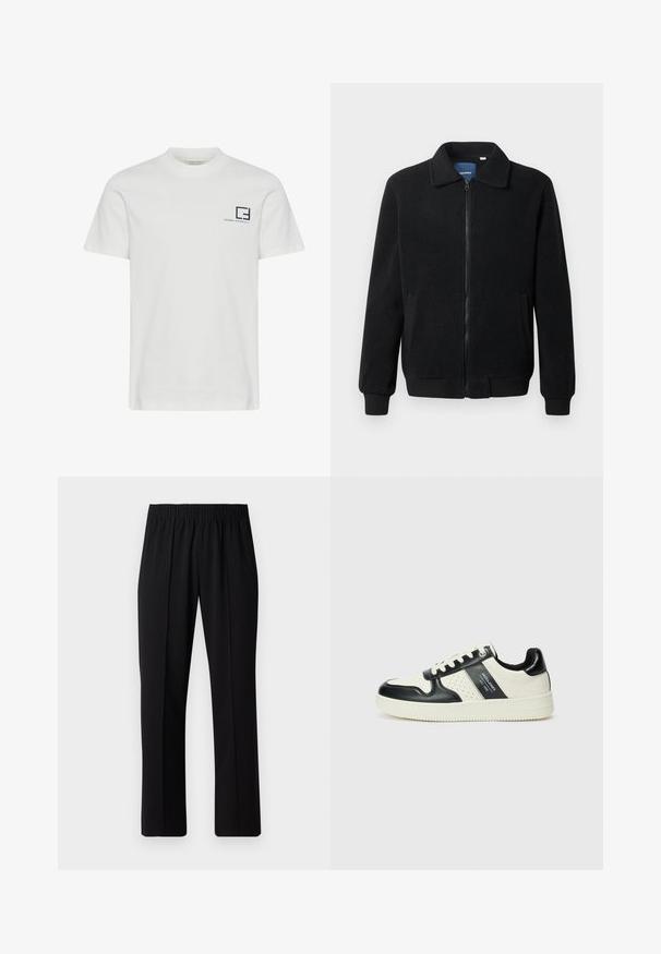 Musta fleece-takki, jossa on vetoketjulla suljettavat, pystykaulus, ribbireunat ja sivutaskut, joissa on teksturoitu pinta.; Valkoinen puuvillainen T-paita, jossa on pyöreä pääntie ja lyhyet hihat. Vasemmassa rinnassa on laivastonsininen graafinen logo ja teksti.; Mustat, joustavat vyötäröhousut suoralla lahkeella, joissa on sileä pinta ilman näkyviä kuvioita tai metalliosia.; Nahkakengät musta-kerma värimaailmassa, joissa on rei'itetyt yksityiskohdat, pehmustettu nilkkaosa ja teksturoitu pohja.