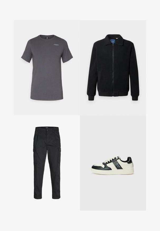Črna flis jakna z zadrgo, stoječim ovratnikom, rebrastimi zapestji in stranskimi žepi s teksturirano površino.; Siva kratka majica z dolgimi rokavi iz gladkega blaga. Ima okroglo izrez in majhen logotip natisnjen na levi prsni strani.; Črne cargo hlače iz trdnega blaga, ki imajo več žepov, gumbasto zapiranje in ozek kroj z zožanimi nogami.; Usnjeni športni čevlji z črno in krem barvno shemo, ki vključujejo perforirane dodatke, podložen ovratnik in strukturirano podplat.