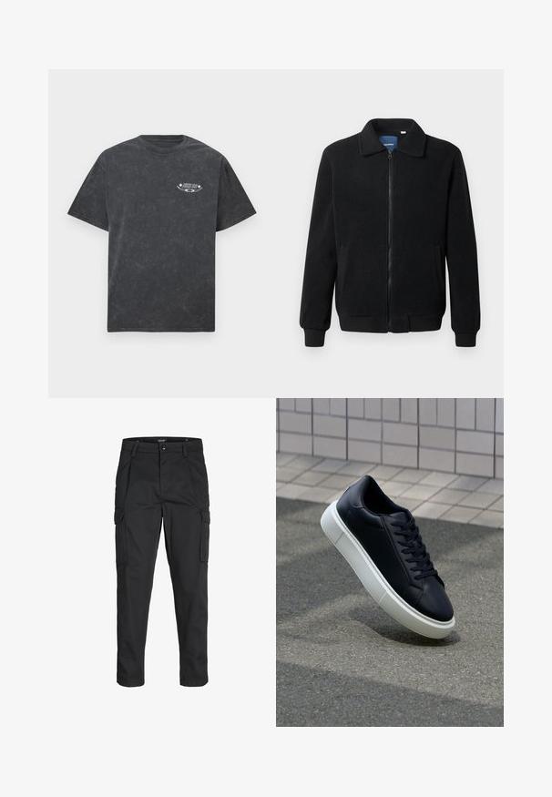 Črna flis jakna z zadrgo, stoječim ovratnikom, rebrastimi zapestji in stranskimi žepi s teksturirano površino.; Kratka siva majica s kratkimi rokavi z majhnim belim logotipom in grafiko "Nike SB" na levem prsnem delu.; Črne cargo hlače iz trdnega blaga, ki imajo več žepov, gumbasto zapiranje in ozek kroj z zožanimi nogami.; Črne usnjene superge z zaobljenim prstom in belim gumijastim podplat. Imajo ravne vezalke in minimalno šivanje na zgornjem delu. Teksturirani podplat za oprijem.