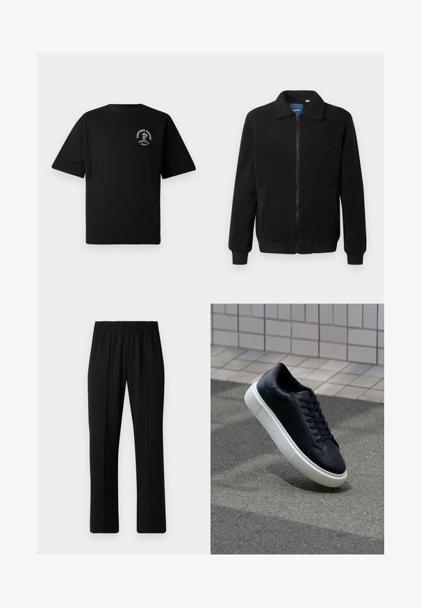 Zwarte fleece jas met een ritssluiting, staande kraag, ribgebreide manchetten en zijzakken met een textuur.; Zwart T-shirt met korte mouwen en een klein wit logo op de borst waarop een koffiepot is afgebeeld met de tekst "Cortado Coffee Original 2013."; Zwarte, elastische broek met rechte pijpen, met een gladde textuur en zonder zichtbare patronen of hardware.; Zwarte leren sneaker met een ronde neus en een witte rubberen zool. Voorzien van platte veters en minimale stiksels op het bovenwerk. Textuurrijke zool voor grip.