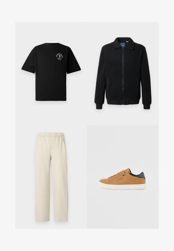 Black fleece jacket featuring a zip closure, stand collar, ribbed cuffs, and side pockets with a textured surface.; Black short-sleeve T-shirt with a small white logo on the chest showing a coffee pot and text "Cortado Coffee Original 2013."; Beige wide-leg pants with an elastic waistband, crafted from soft fabric. Features a smooth texture and no visible patterns or hardware.; Brown leather sneaker with a white rubber sole, featuring round laces, a blue accent, and a smooth texture. Simple, low-profile design.