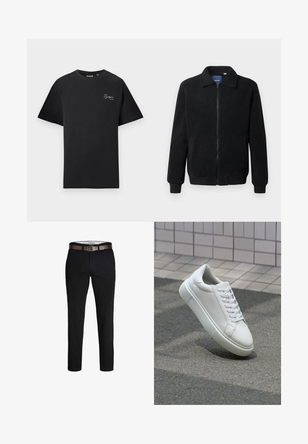 Musta fleece-takki, jossa on vetoketjulla suljettavat, pystykaulus, ribbireunat ja sivutaskut, joissa on teksturoitu pinta.; Lyhythihainen musta T-paita, jossa on vasemmassa rintapielessä pieni valkoinen kursiiviteksti "Dystopia Sounds." Pyöreä kaula-aukko, esillä vaalealla taustalla.; Mustat puuvillahousut suoralla leikkauksella, joissa on ruskea nahkavyö ja sileä pinta. Yksinkertainen muotoilu, ei näkyviä kuvioita tai koristeita.; Valkoinen nahkainen lenkkari, jossa on sileä pinta, pyöreä kärki ja tasaiset valkoiset nauhat. Varustettu teksturoidulla kumi-pohjalla ja vähäisillä muotoiluelementeillä.