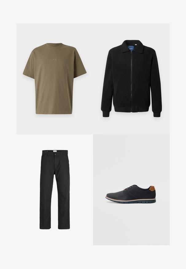 Čierna flísová bunda s uzáverom na zips, stojatým golierom, rebrovanými manžetami a bočnými vreckami s textúrovaným povrchom.; Olivovo zelené tričko, okrúhly výstrih, krátke rukávy, vyrobené z jemného materiálu. Na prednej strane sú vyšitým písmom "REPLAY" v zodpovedajúcej farbe.; Čierne nohavice vyrobené z odolného materiálu, s rovnými nohavicami, prešitými detailmi a dvoma prednými vreckami pre väčšiu funkčnosť.; Čierne syntetické topánky so štruktúrovaným zvrškom, hladkými akcentmi, hnedým opätkom a kontrastnou podrážkou. Majú minimálne šnurovanie a detaily prešitia.