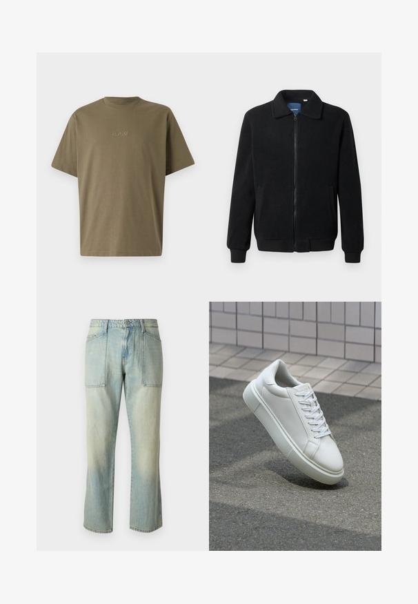 Schwarze Fleecejacke mit Reißverschluss, Stehkragen, gerippten Bündchen und seitlichen Taschen mit strukturiertem Oberflächenmaterial.; Olivgrünes T-Shirt, Rundhals, kurze Ärmel, aus weichem Stoff. Mit dem aufgenähten Schriftzug "REPLAY" auf der Vorderseite in passendem Farbton.; Helle blaue Jeans mit geradem Bein, sichtbaren Nähten und zwei großen Fronttaschen. Der Stoff hat eine ausgewaschene Textur.; Weiße Leder-Sneaker mit glatter Oberfläche, runder Zehenpartie und flachen weißen Schnürsenkeln. Verfügt über eine strukturierte Gummisohle und minimalistische Designelemente.