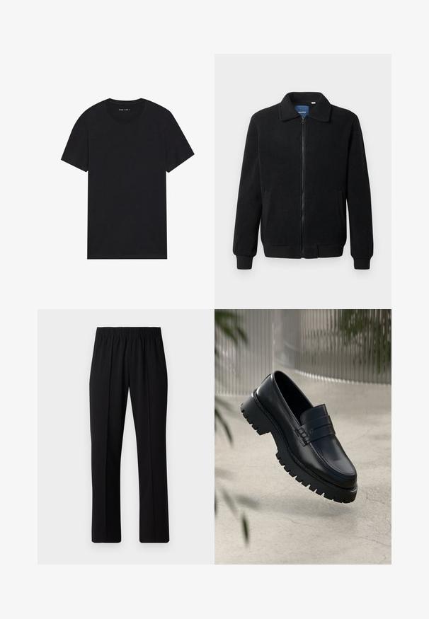 Juodas fliso džemperis su užtrauktuku, stovinčia apykakle, gumuotais rankogaliais ir šoninėmis kišenėmis, turinčiomis tekstūruotą paviršių.; Juodas medvilnės marškinėliai su trumpomis rankovėmis ir apvalia iškirpte. Audinys turi lygų paviršių ir paprastą, vientisą dizainą.; Juodos, elastingos juosmens kelnės su tiesiomis kojomis, turinčios lygų paviršių ir be matomų raštų ar detalių.; Juodi odiniai loafai su storesniu pado protektoriumi, turintys dekoratyvinę juostelę ir siuvinėjimo detales. Lygi tekstūra su blizgiu paviršiumi.