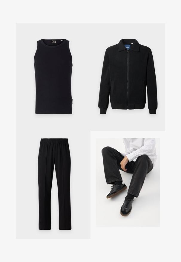 Juodas fliso džemperis su užtrauktuku, stovinčia apykakle, gumuotais rankogaliais ir šoninėmis kišenėmis, turinčiomis tekstūruotą paviršių.; Juodo medvilninio be rankovių marškinėlių, su griovelių tekstūra, apvaliu iškirpimu ir mažuoju šoniniu etiketu. Paprastas, prigludęs dizainas.; Juodos, elastingos juosmens kelnės su tiesiomis kojomis, turinčios lygų paviršių ir be matomų raštų ar detalių.; Juodi sportbačiai su lygiu ir tekstūruotu paviršiumi, turi guminį padas ir tamsias raištelius. Suderinti su juodomis džinsais ir balta juostuota marškinėliais.