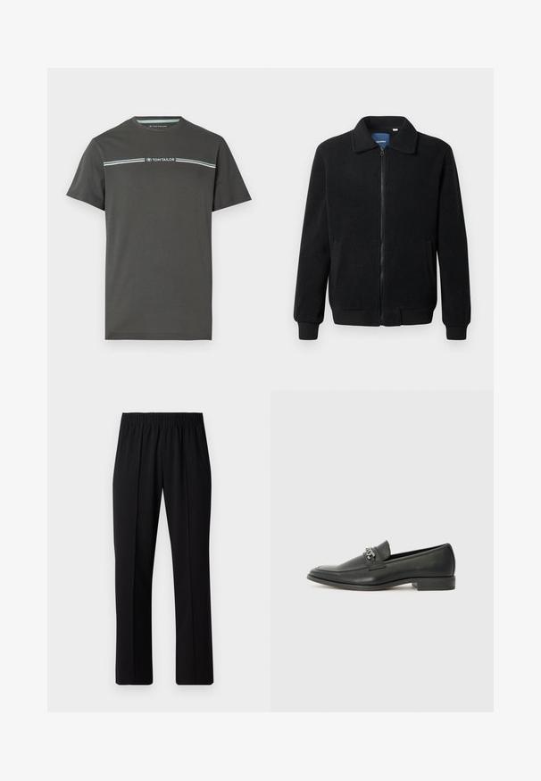 Musta fleece-takki, jossa on vetoketjulla suljettavat, pystykaulus, ribbireunat ja sivutaskut, joissa on teksturoitu pinta.; Harmaa lyhythihainen t-paita, joka on valmistettu puuvillasta, pyöreällä kaula-aukolla ja vaaleansinisellä vaakaraitakuviolla rinnan alueella.; Mustat, joustavat vyötäröhousut suoralla lahkeella, joissa on sileä pinta ilman näkyviä kuvioita tai metalliosia.; Musta nahkakengät, joissa on sileä pinta, koristeelliset ompeleet ja metalliketjun yksityiskohta kengän päällä. Littee korko.