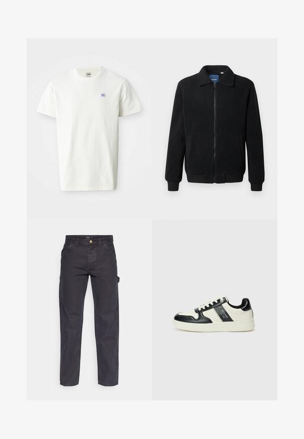 Crni flis jakna s zatvaranjem na zip, stojećim ovratnikom, rebrastim manžetama i bočnim džepovima s teksturiranom površinom.; Bijela pamučna majica s okruglim izrezom i kratkim rukavima. Na lijevoj strani prsnog dijela prikazuje mali pravokutni logo Lee u ljubičastoj i plavoj boji.; Tamno sivi cargo hlače od izdržljivog materijala, s ravnim krojem, pet džepova i kopčanjem na dugme u struku.; Kožne tenisice s crno-bijelom paletom boja, koje imaju perforirane akcentne detalje, podstavljeni ovratnik i teksturiranu potplat.
