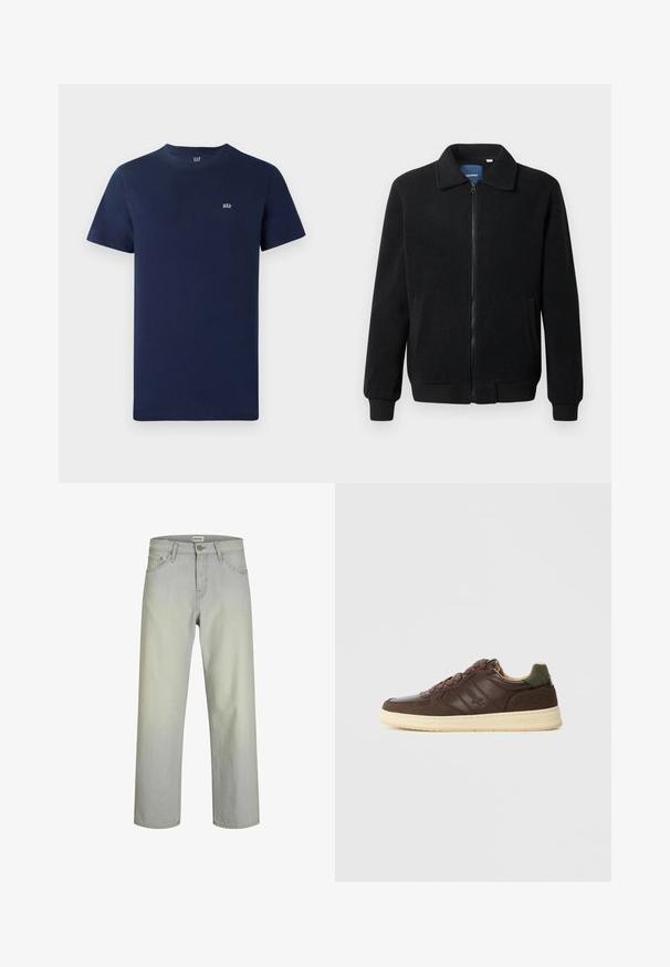 Chaqueta de forro polar negra con cierre de cremallera, cuello alzado, puños acanalados y bolsillos laterales con una superficie texturizada.; Camiseta de algodón azul marino con mangas cortas, escote redondo y un pequeño logo bordado en el pecho. Diseño simple, textura sin adornos.; Jeans rectos de color gris claro con un diseño clásico de cinco bolsillos, cierre de botón y pasadores para cinturón. Fabricados en tela de mezclilla con una textura suave.; Zapatilla de cuero marrón con acentos de ante, punta redonda y perfil bajo. Suela de goma color beige y detalle de panel lateral con marca. Cordones en color a juego.