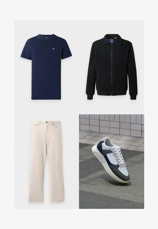 Black fleece jacket featuring a zip closure, stand collar, ribbed cuffs, and side pockets with a textured surface.; Navy blue cotton t-shirt featuring short sleeves, round neckline, and a small embroidered logo on the chest. Simple design, unadorned texture.; Beige corduroy pants with a straight cut, featuring a ribbed texture, five-pocket design, and a button-fly closure.; White, navy, and gray sneaker with a mixed material design, featuring a textured upper, flat laces, and a cushioned sole.