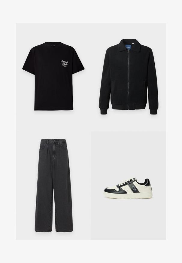 Musternahk fleece-jakk musternahaga, tõmblukk, seisev kaelus, soonikkoes varrukad ja küljetaskud tekstuurse pinnaga.; Must ja väikese valge logoga puuvillane lühikeste varrukatega T-särk. Ümar kaelus, regulaarne lõige.; Laiad, kõrgema vöökohaga mustad denimipüksid, millel on ees nupuga ja tõmblukuga sulgemine, külgpocketid ja sile tekstuur.; Nahatud nahkkingad musta ja kreemi värviskeemiga, millel on perforeeritud aktsendid, pehme krae ja tekstureeritud tallad.