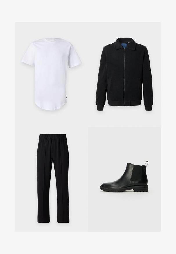 Sort fleecejakke med lynlås, opretstående krave, ribbede manchetter og sidelommer med en tekstureret overflade.; Hvid kortærmet t-shirt lavet af bomuld. Rund halsudskæring med en buet kant. Etiket synlig på nederste venstre side. Glat tekstur.; Sorte bukser med elastisk talje og lige ben, der har en glat tekstur og ingen synlige mønstre eller hardware.; Jack & Jones JFWHOSKINS - Støvletter - anthracite