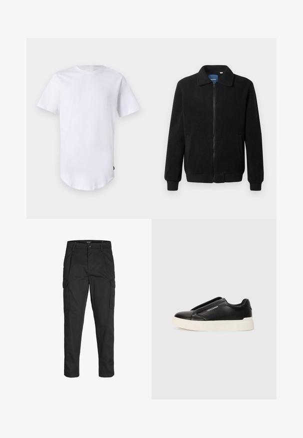Crni flis jakna s zatvaranjem na zip, stojećim ovratnikom, rebrastim manžetama i bočnim džepovima s teksturiranom površinom.; Bijela majica kratkih rukava od pamuka. Dizajn s okruglim izrezom i zakrivljenim rubom. Oznaka vidljiva na donjoj lijevoj strani. Glatka tekstura.; Crne cargo hlače izrađene od čvrstog materijala, s brojnim džepovima, kopčanjem na gumb i dizajnom koji pomaže da se prilagode tijelu sa suženim nogavicama.; Crne slip-on tenisice s teksturiranim kožnim gornjištem, bijelim gumeni potplat i bez vidljivih vezica. Sadrži logotip marke sa strane.