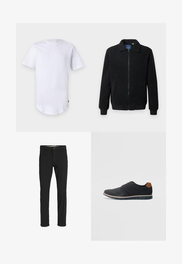 Svart fleece jakke med glidelås, høy krage, ribbestrikkede mansjetter og sidelommer med strukturert overflate.; Hvit kortermet t-skjorte laget av bomull. Crew neck-design med buet nederkant. Merke synlig på venstre nederste side. Glatt tekstur.; Svart bomullsblandingsbukser med smal passform, med knappelukking, lommer og rullede mansjetter for en avslappet finish.; Sorte syntetiske sko med en teksturert overdel, glatte detaljer, brun hæl og en kontrastfarge på sålen. Har minimalt snøring og sømdetaljer.