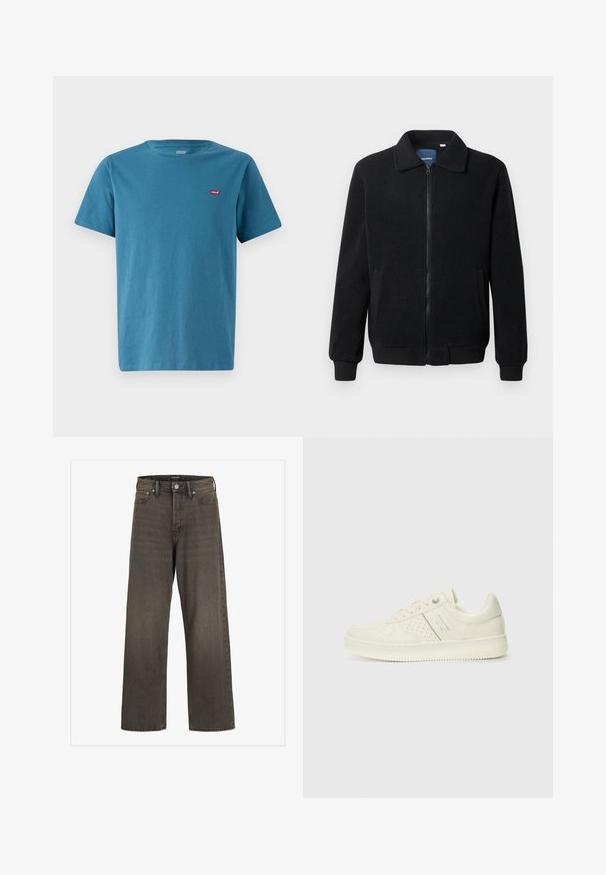 Casaco de polar preto com fecho de correr, gola alta, punhos canelados e bolsos laterais com uma superfície texturizada.; T-shirt de algodão azul de mangas curtas com decote redondo e um pequeno logótipo vermelho da Levi's no lado esquerdo do peito. Textura suave, corte clássico.; Jeans de perna larga em denim cinza escuro, com cintura alta, design clássico de cinco bolsos e costura em contraste ao longo das costuras.; Sapatilha de cor creme com detalhes perfurados, atacadores e logotipo na lateral, apresentada contra um fundo branco liso.